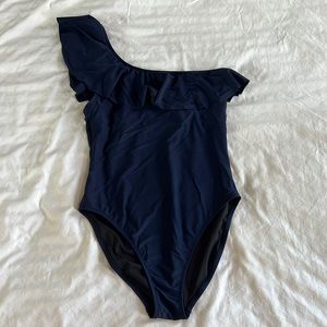 NWT JCrew Navy Blue OnePiece Swimsuit, One Shoulder w/ Ruffles. Chic & Slimming!